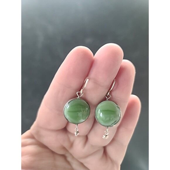 925 Sterling Silver Green Glass Pierced Dangling Beaded Earrings Vintage - Picture 1 of 10